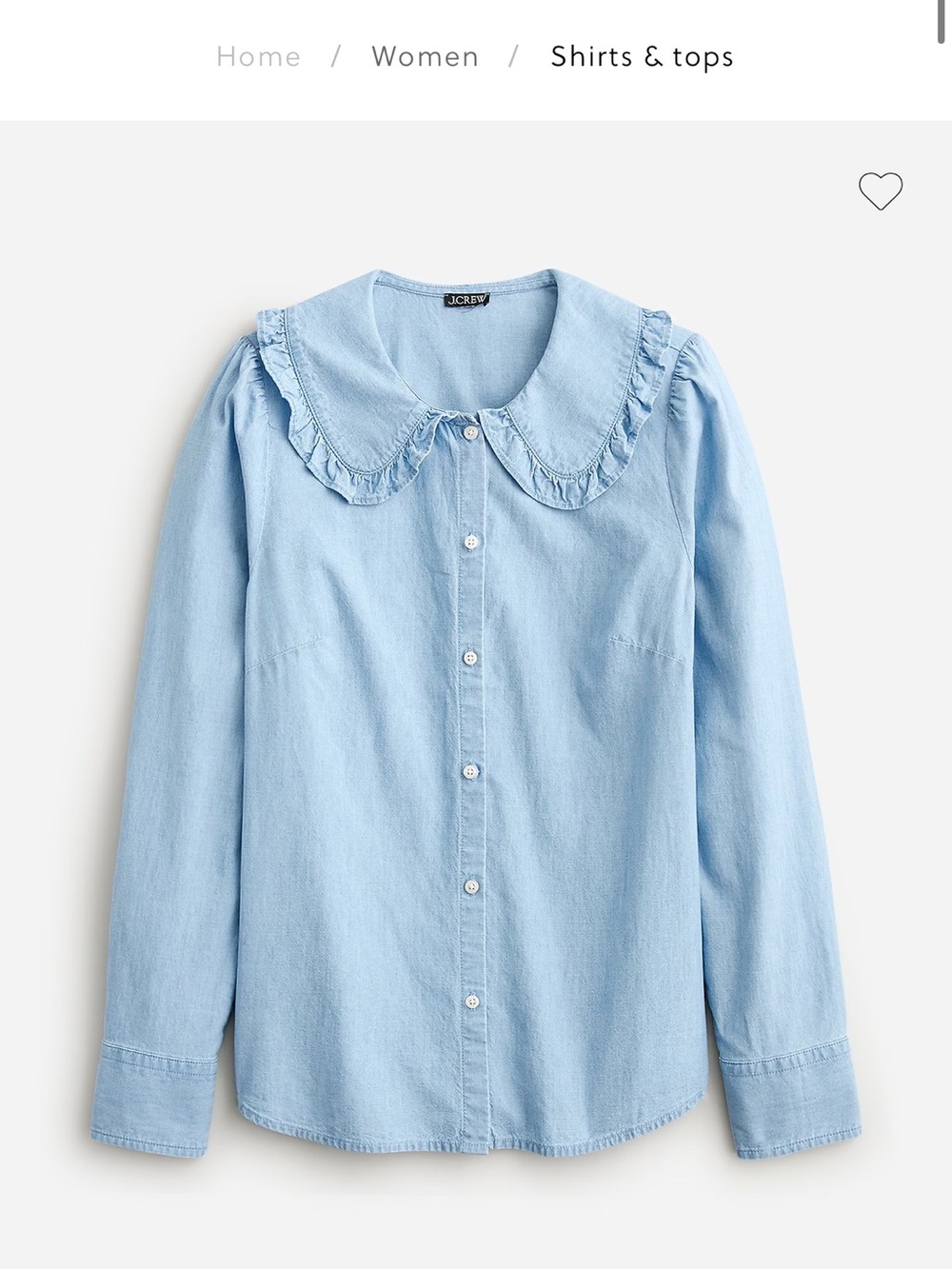J. Crew Chambray Denim Peter Pan  Ruffle Collar Button-Front Shirt